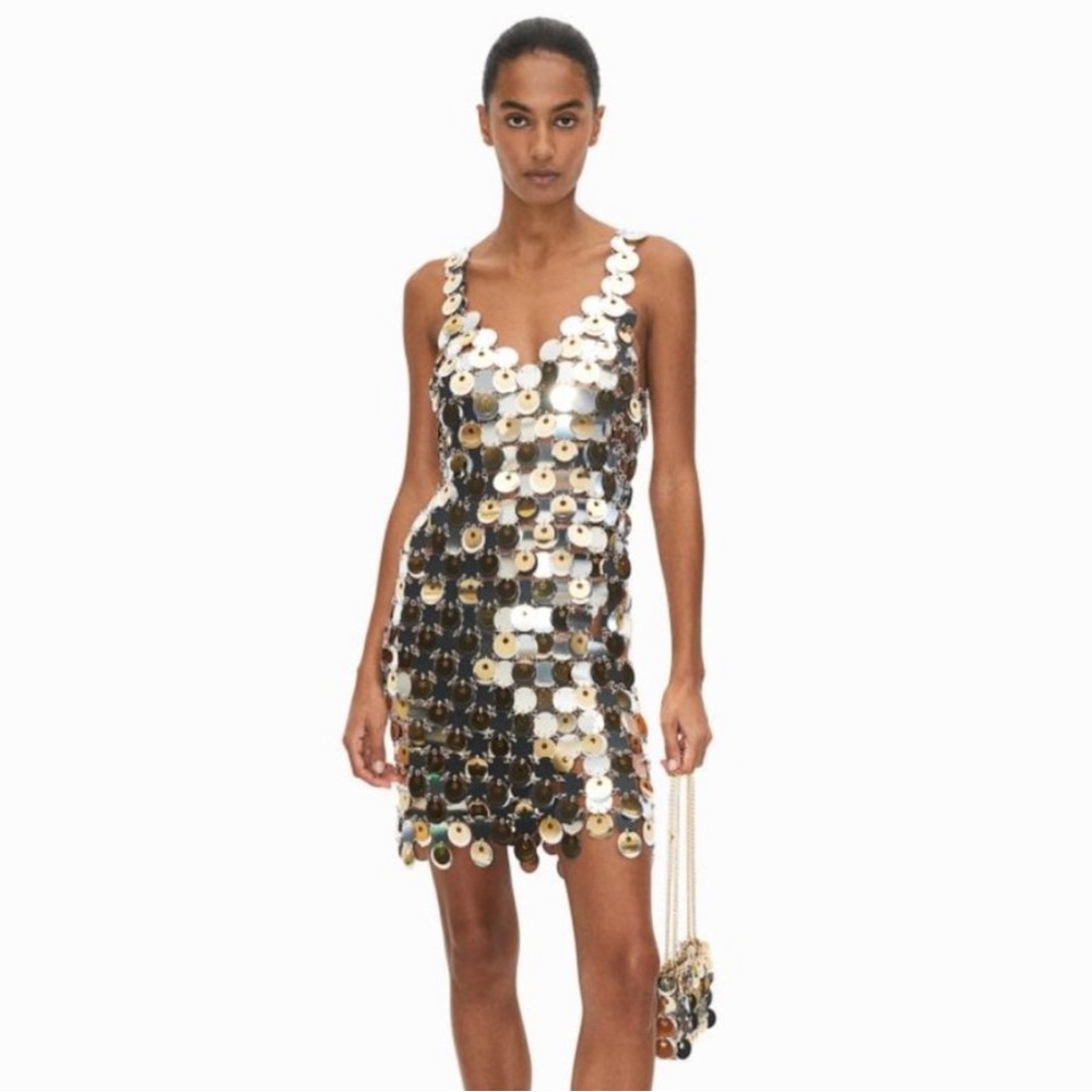 H&M x RABANNE Paco Silver Gold Sequin-disc Mini Dress XL NWT